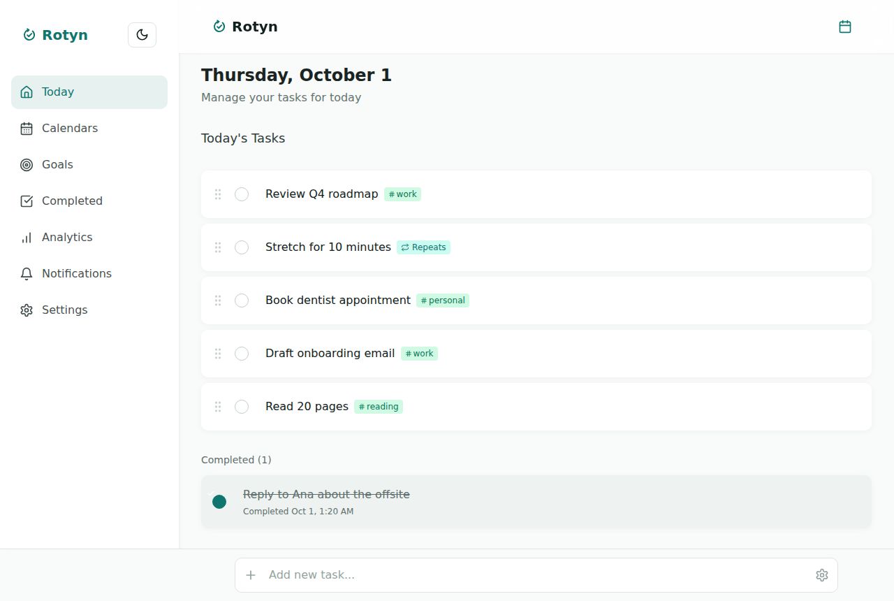 Today screen with tasks, tags and a recurring task